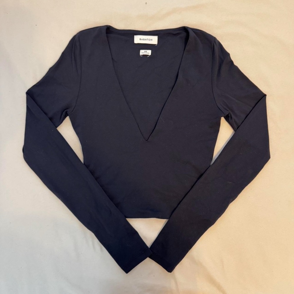 Babaton Navy Long Sleeve V-Neck Top